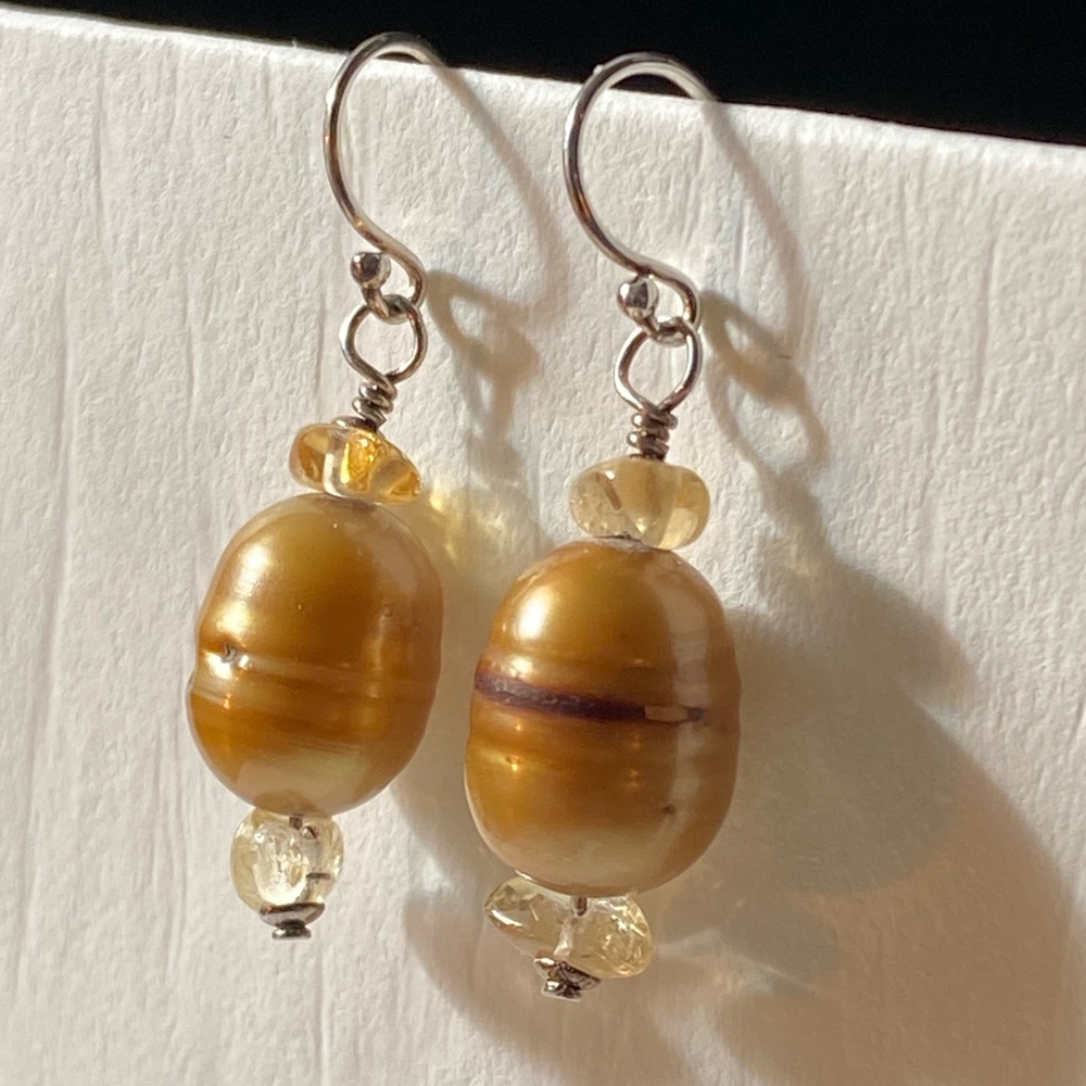 Sterling Silver Freshwater Pearl Earrings with Citrine Chips Dangle Earrings